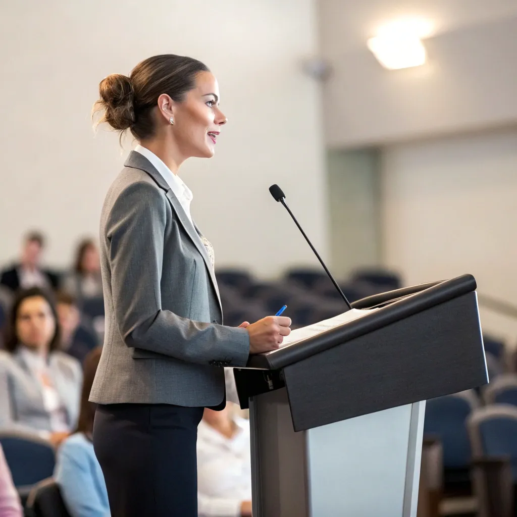 Professional woman speaking at a podium
